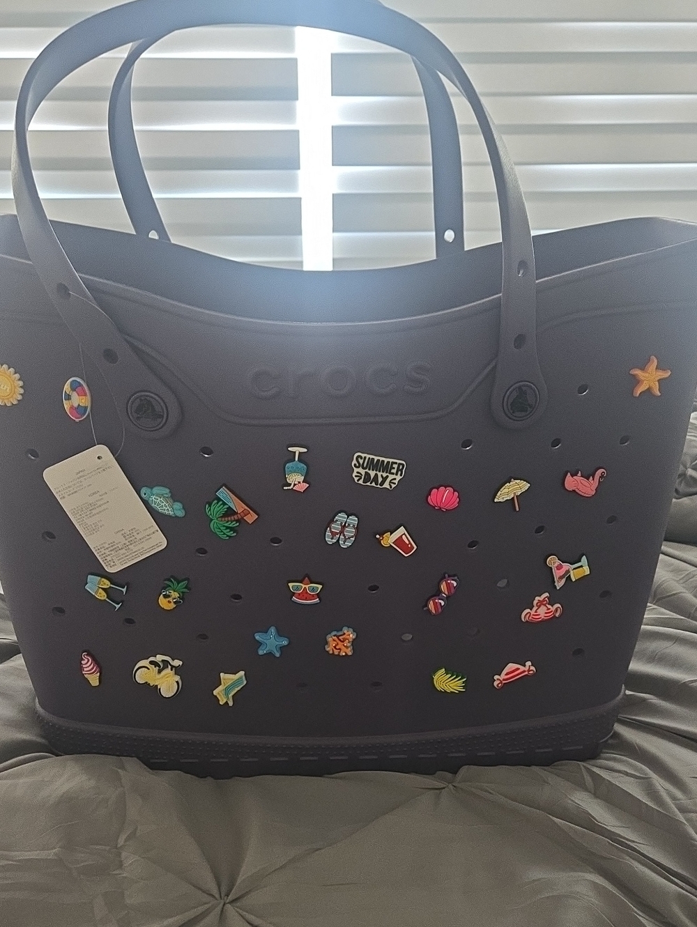 CROCS Purple Large Tote with Colorful Jibbitz Charms. Nightshade